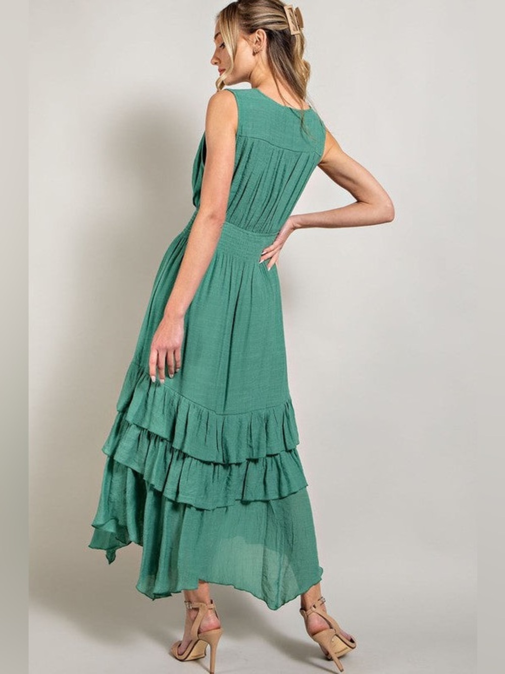 eesome Teal Green V‑Neck High‑Low Ruffle Maxi Dress - Picture 2 of 14